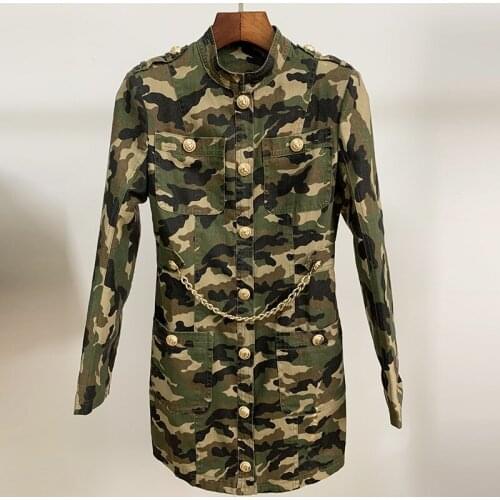 High Quality Newest Vogue Nice Designer Dress Womens Long Sleeve Chain Lion Buttons Camouflage Military Dress