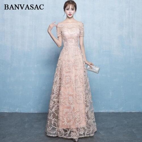 BANVASAC 2018 Elegant Boat Neck Short Sleeve A Line Long Evening Dresses Party Lace Appliques Backless Prom Gowns
