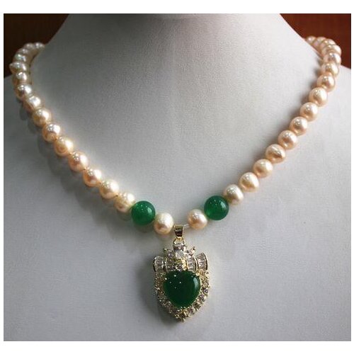Free shipping Jewelry noble and simply style 7-8mm pearl mixed Jade necklace+ green Jade crystal pendant good