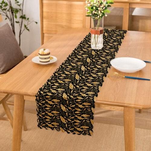 Black Zeminli Gold Leaves Pattern Decorative Runner
