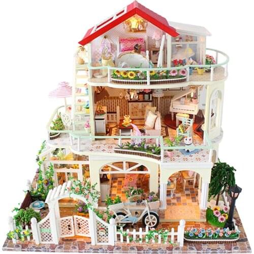 Modern Style Wood Miniature DIY Dollhouse Kit with Light Furniture Model for Kids, Mini Dollhouse for Adults & Kids