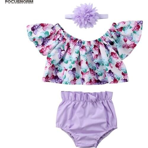 3PCS Lovely Sweet Toddler Baby Girls Off Shoulder Short Petal Sleeve Floral Print T-Shirts Tops Ruffles Purple Shorts Headband