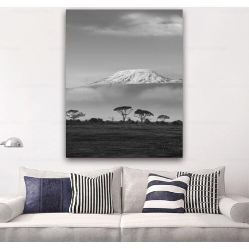 Mount Kilimanjaros Snow Top From Savana Canvas Painting Wall Picture Black White Travel Photography Poster Art Print Home Decor