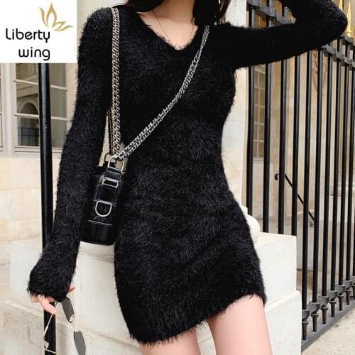 Hot Sexy Women V Neck Bodycon Knit Fluffy Club Party Wrap Mini Dresses Korean Lady Winter Slim Fit Stretchy Sweater Dress