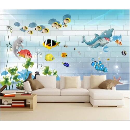 WDBH custom mural 3d photo wallpaper Cartoon underwater world shark fish brick wall decor living room wallpaper for walls 3 d