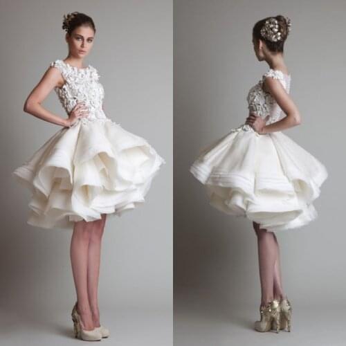 New 2014 Princess Knee Length Layered Organza Ruffles Wedding Gowns Appliqued Sheer Back Short Wedding Dress