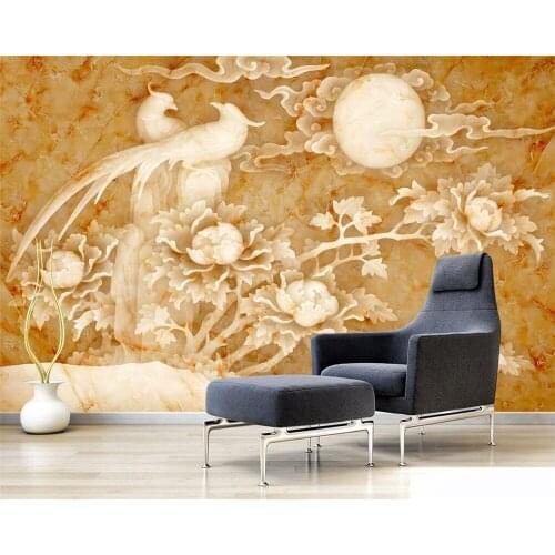 Beibehang Custom wallpaper embossed phoenix peonies marble TV background wall living room bedroom background walls 3d wallpaper