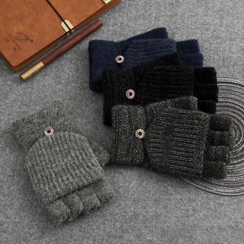 2020 Winter Men Gloves New Flip Knitted Warm Striped Mittens Button Half Finger Exposed Glove Plus Thick Male Mitten