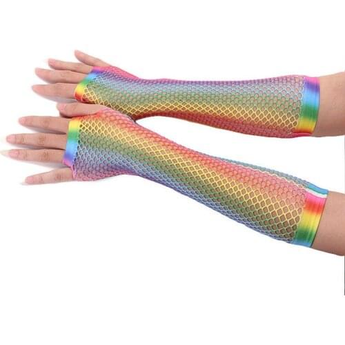 Hot Trendy Women Gloves Hollow Out Holes Gloves Rainbow Print Disco Dance Costume Performance Fingerless Mesh Fishnet New Gloves