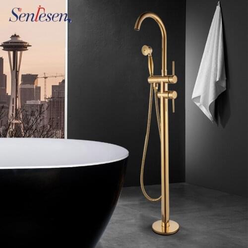 Senlesen Golden Polish Bathtub Shower & Bath Floor Free Standing Faucet Single Handle Dual Control Cold Hot Water For Mixer Tap
