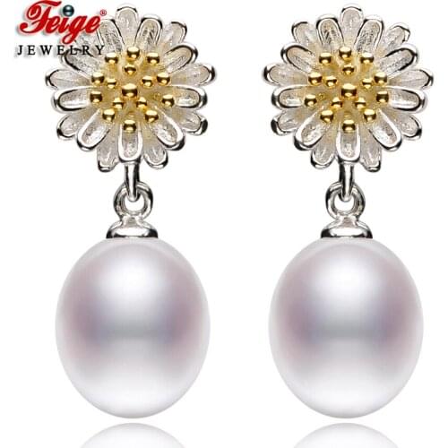 Flower Real 925 Sterling Silver Natural Ellipse Freshwater Pearl Drop Earrings for Women Party Jewelry Beautiful Earrings Gifts