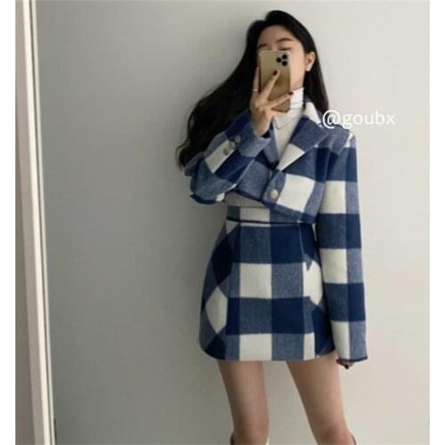 Single Button Blue White Plaid Woolen Coat Crop Notched Long Sleeve Top Sexy High Waist Plaid Skirt Fashion OL Autumn Sets