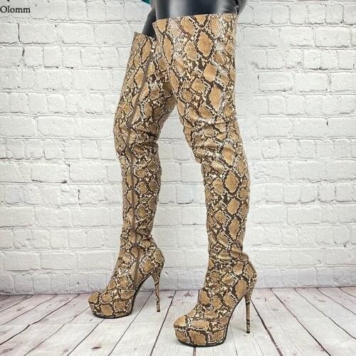 Olomm Handmade Women Winter Thigh Boots Side Zippers Snake Pattern Stiletto Heels Round Toe Brown Party Shoes Plus US Size 5-20