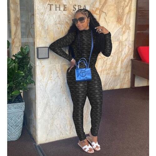 RMSFE 2021 Womens Long Sleeve High Neck Fashion Casual Sexy Slim Fit Print With Invisible Zipper Jumpsuit