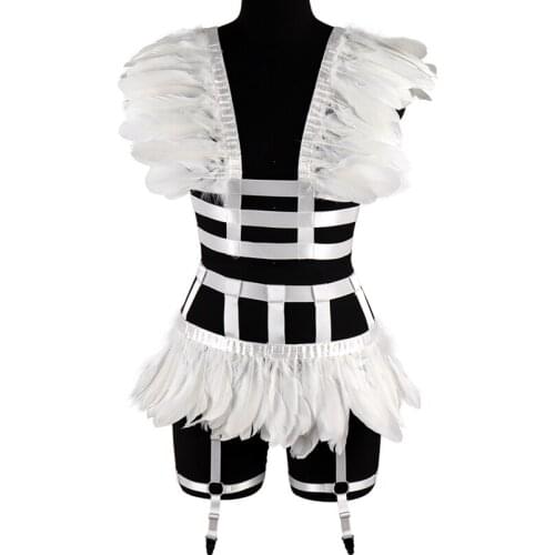 Women Fashion Body Bondage Cage Belt Harness Dance Clothes Sexy Lingerie Erotic Set 2PCS Gothic Corset Feather Skirt Garter
