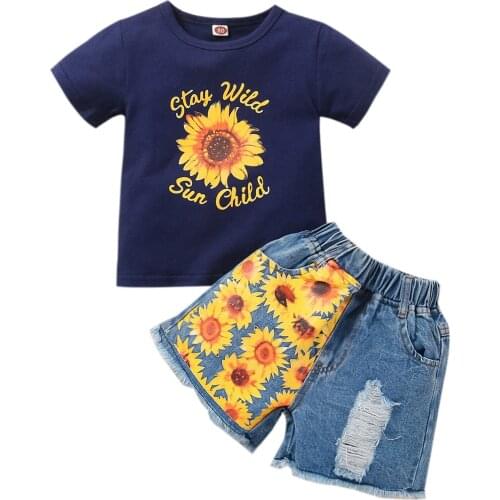 2021 1-5Y Casual Kids Baby Girl Clothing Set Sunflower Print Short Sleeve Black T-shirt Top+Patch Holes Denim Shorts Summer 2pcs