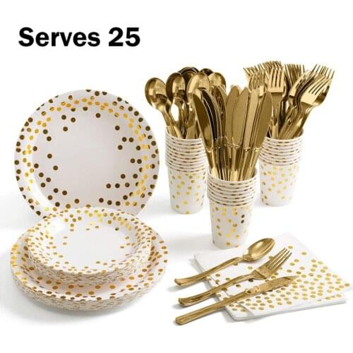 175Pcs Disposable Tableware Dot Pattern Paper Plate Napkin Cup Spoon Wedding Party Decoration