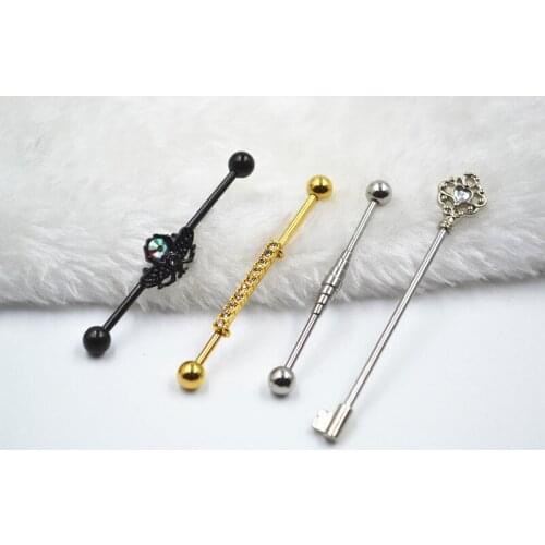 50pcs Free Shippment 14g~1.6mm Gems Ear Straight Helix Scaffold Barbells Industrial Bar Body Jewelry Ear Piercing Mix Styles