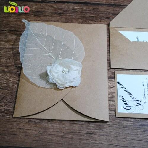Fast shipping 10set wedding card kraft rsvp card with free printing paper band kraft envelope,fake leave flower and tied rope