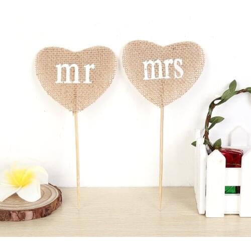Mr&Mrs Design Cup Cake Toppers Natural Jute Burlap Picks Rustic For Vintage Wedding Party Dessert Baking Decoration