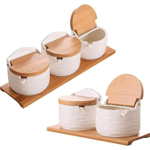 Porcelain Condiment Jar Spice Container with Lids - Bamboo Cap, Wooden Tray
