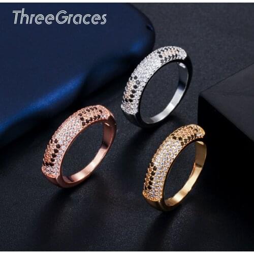 ThreeGraces Hot Shiny Mirco Pave Cubic Zirconia Stone Rose Gold Round Engagement Finger Rings Jewelry for Party Prom Women RG094