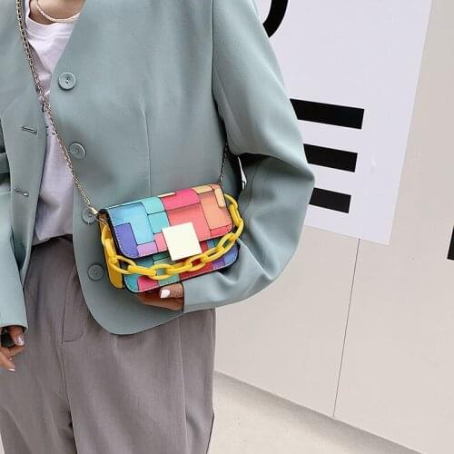 2021 Summer Lady Shoulder Handbag Female Fashion Color Contrast Cross Body Bag Women Chain Design New Mini PU Leather Flap Bags