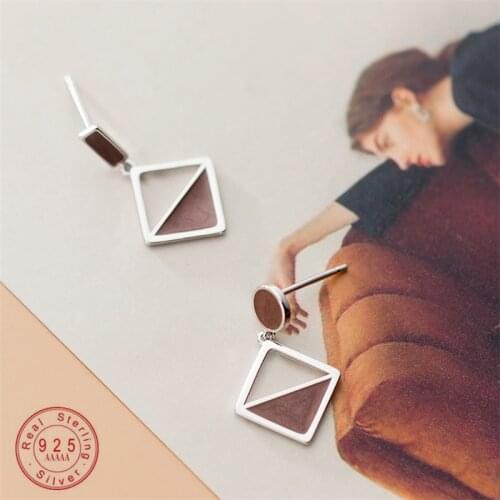 Fashion Korean Geometric Half Hollow Asymmetric Drop Earrings for Women 100% 925 Sterling Silver Square Pendientes Brincos Gift