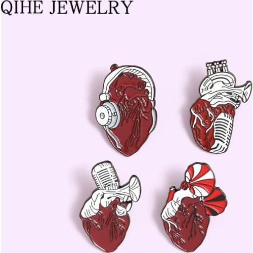Red Music Heart Enamel Pin Anatomical Human Heart Microphone Brooches for Women Men Punk Gothic Badge Lapel Pin Jewelry Gift