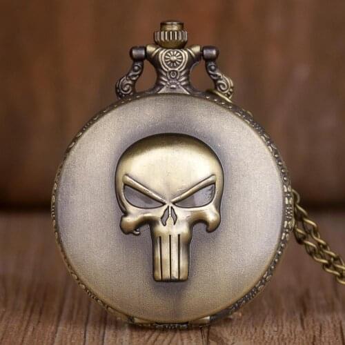 Best Quality Anime Punisher Skull Quartz Pocket Watches Necklace For Men Women Antique Bronze with Fob Chain Watch XH3015