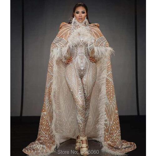 New Design Big Cloak Jumpsuit Outfit Party Costumes Birthday Celebrate Bodysuit Jacket Set Dance Wear Bar Prom Singer Long Cloth