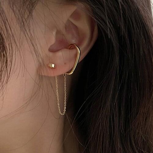 Vintage T Bar Link Chain Ear Cuff Earrings for Women Goth Letter C Hook Fake Piercing Clip on Earrings Korean Fashion Jewelry