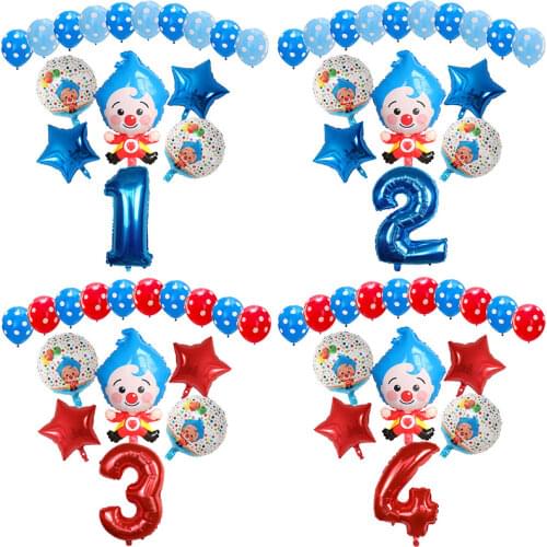 16pcs Cartoon Clown Plim Plim Foil Balloons Set Red Blue 30inch Number Globos Children Birthday Party Decorations Kids Toys Gift