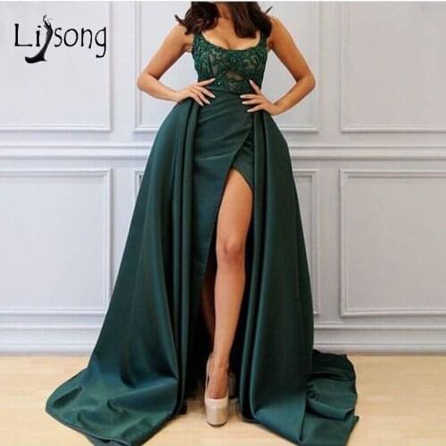 2019 Modest Dark Green Mermaid Evening Dresses With Detachable Train Lace Beaded Prom Gowns High Side Split Gown Saudi Arabic