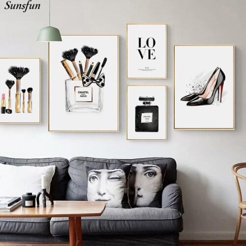 Fashion Perfume Poster Black High Heels Makeup Brush Print Canvas Painting Love Wall Art Picture Modern Girl Room Decoration