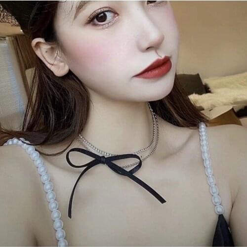 TIMEONLY Romantic Double Layering Balck Color Cloth Bowknot Choker Neckalces for Women Ladies Jewelry Small Link Chain Necklace