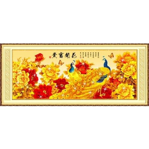 Printed Cross Stitch Needlework,DIY Living Room,Sets For Embroidery Kit Full Cross-Stitching Silk Thread Flowers Peacocks