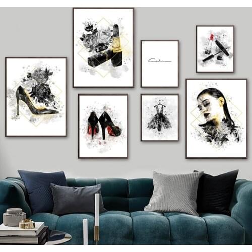 Girl Lipstick High Heels Dress Rose Line Wall Art Canvas Painting Nordic Posters And Prints Wall Pictures For Living Room Decor