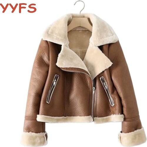 Womens Fur Faux Leather Cropped Jacket Thick Warm Winter Soft Coat Female Vintage Long Sleeve Female Outerwear Chic Tops