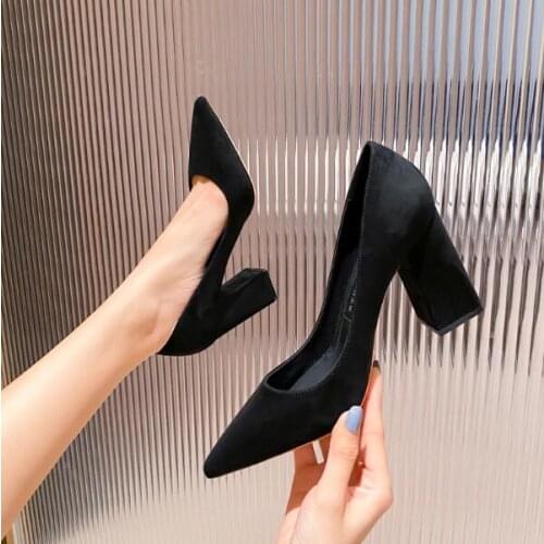 Woman Black Burgundy Blue Grey Green Nude Solid Suede Color Slip On Simple Dress Pumps Female 6 8 cm Square Heels Office Shoes