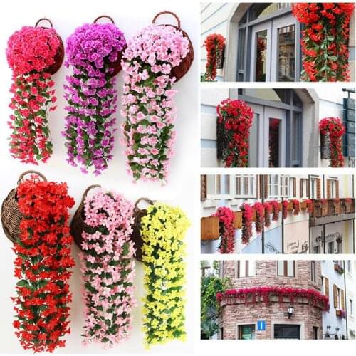 1 Bunch Artificial Silk Fake Violet Orchid Flower Hanging Wall Rattan Plant Basket for Wedding Garden Balcony Home Elegant Decor