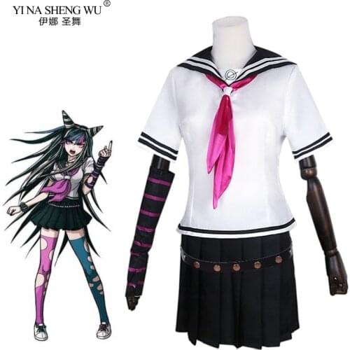6PCS Ibuki Mioda Cosplay Custome Dangan Ronpa 2 Goodbye Despair Shirt Dress Long Wig School Girl JK Uniform Skirt Set Halloween