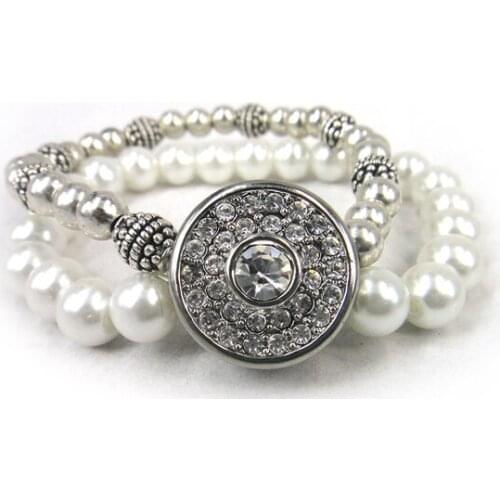 Free shipping new arrive white CZ stone metal snap button metal Bracelets alloy ball bead white pearl beads double row Bracelet