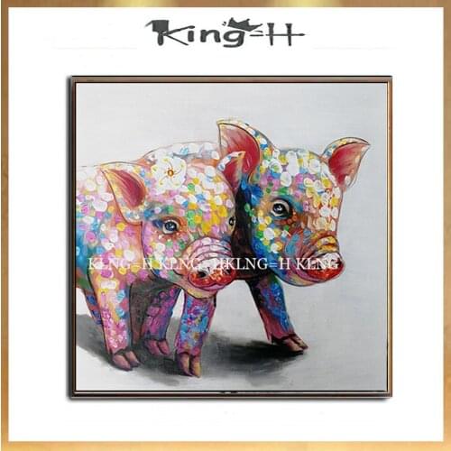 Free Shipping Hand Painted Lovely Couples Pig Painting Canvas Art Children Room Decoration Oil Painting Canvas Wall Decor