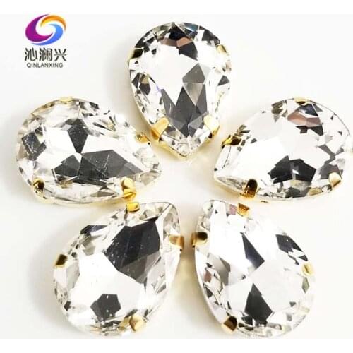 Free shipping Golden bottom white teardrop shape High quality AAA Glass Crystal sew on claw rhinestones,Diy Clothing accessories
