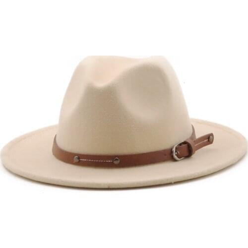 Beige/white Wide Brim Simple Church Derby Top Hat Panama Solid Felt Fedoras Hat for Men Women artificial wool Blend Jazz Cap