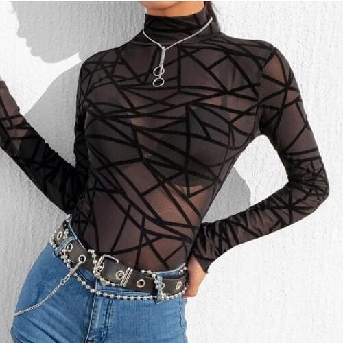 Womens Sexy Black Color Geometric Print Mesh Bodysuit Female Club Party Performance Casual Tops Tees R733