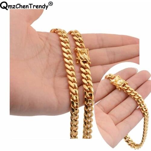10mm Hiphop Cowboy Miami Cuban Curb Link Chain Necklaces Bracelet Stainless steel Gold Mens Hip hop Link Necklace Jewelry set
