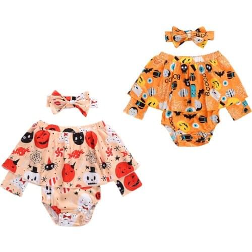 Halloween Baby Girls Romper Cloak Headband Suit Fall Round Collar Crotch Buttons Pumpkin Ghost Printed Clothes