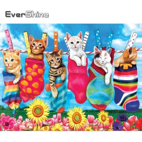 Evershine Diamond Embroidery Cat Wall Art Diamond Painting Full Square Round Animal Picture Rhinestone Sunflower Home Decor